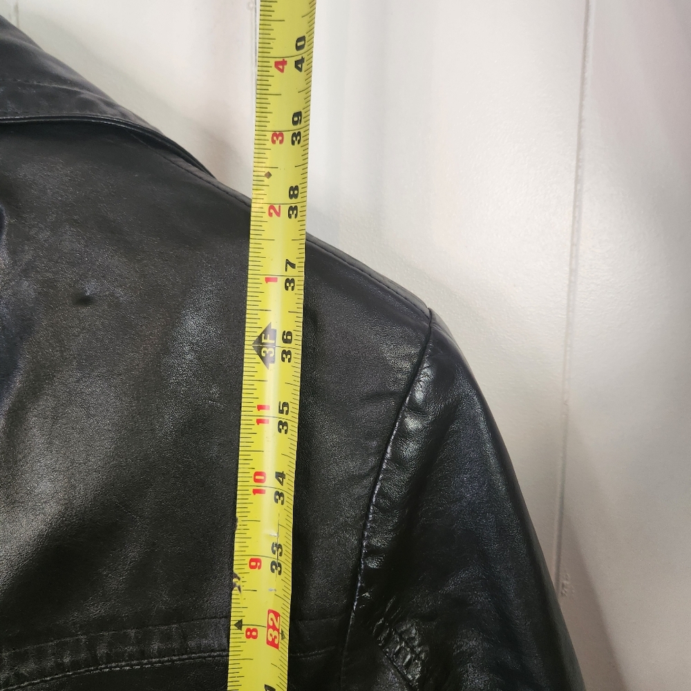 Vintage 1970s Long Black Leather Coat Jacket Mens size Medium Faux Fur Winter - Picture 12 of 16